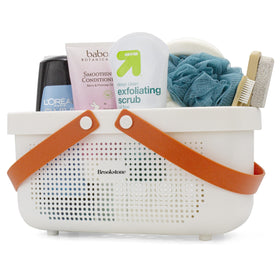 Brookstone modern large portable shower caddy with soft silicone handle for easy carrying.