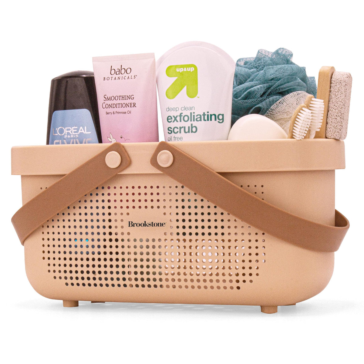 Brookstone Modern Large Portable Shower Caddy with soft silicone handle keeps items organized and portable.