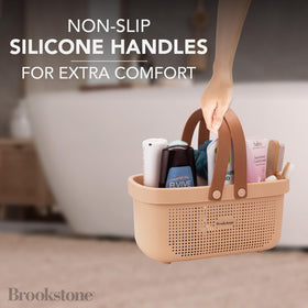 Brookstone Shower Caddy with quick-dry drainage holes for faster bathroom cleanup.