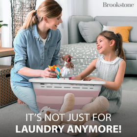 Brookstone slim, space-saving basket keeps laundry area tidy.
