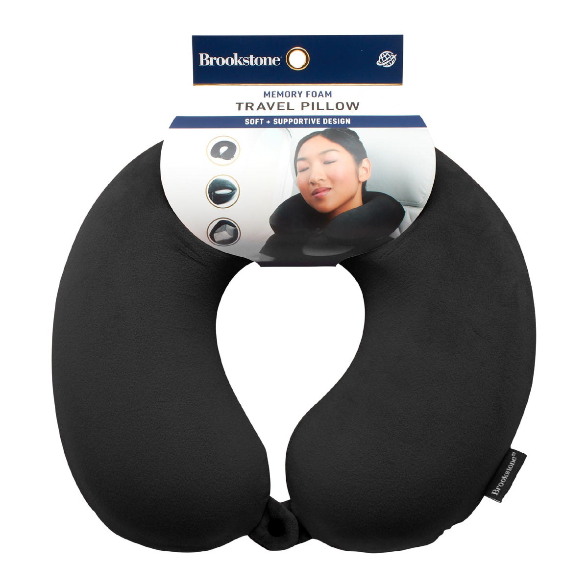Brookstone Travel Neck Pillow memory foam outer cover provides comfortable support during flights.