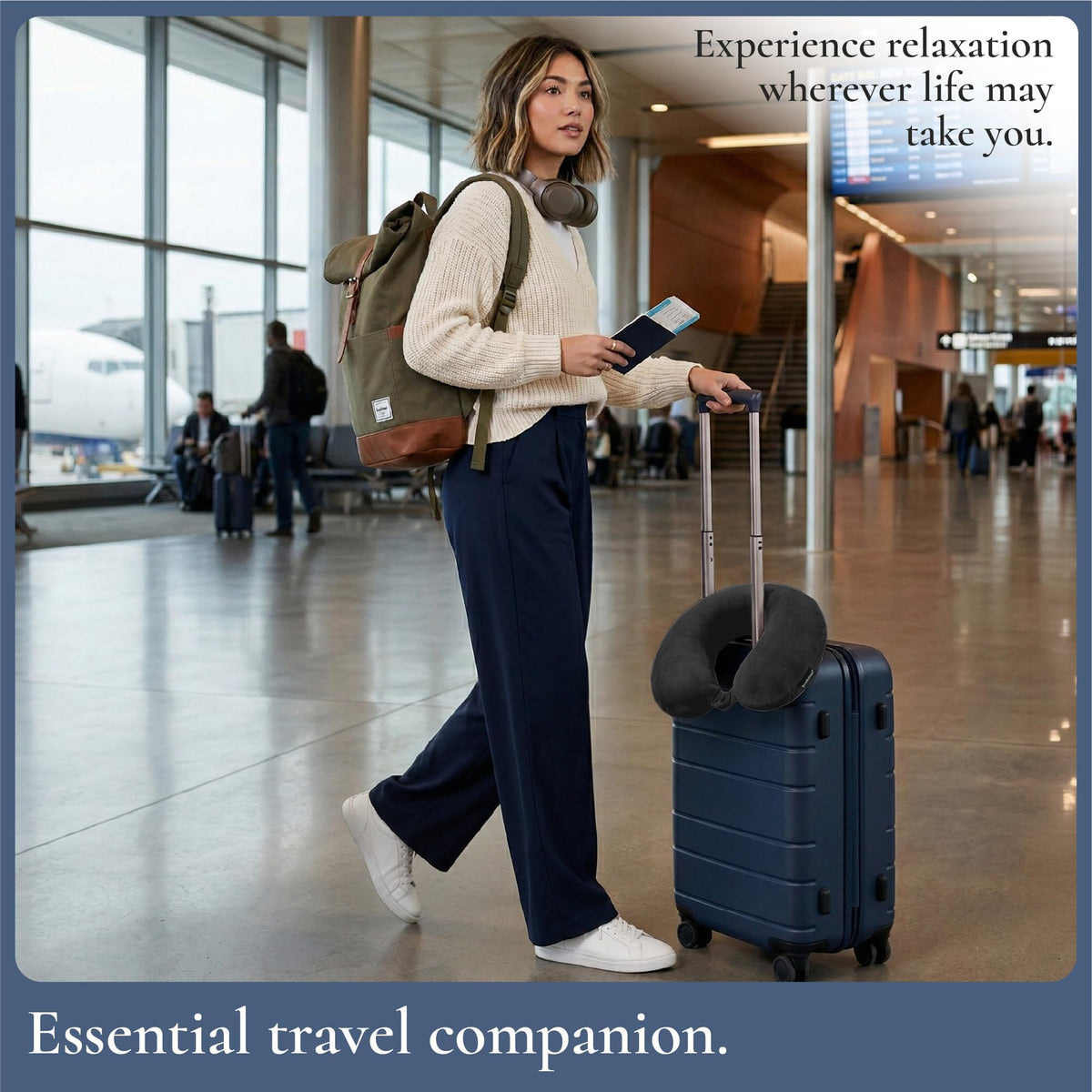 Brookstone Travel Neck Pillow durable memory foam maintains shape through frequent trips.