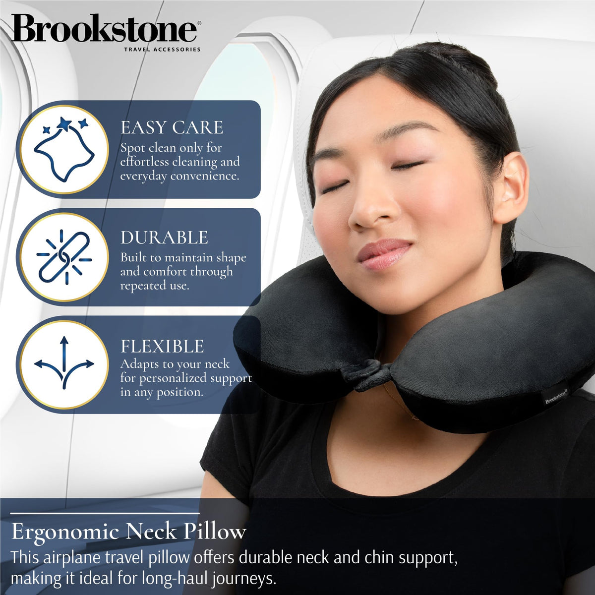 Brookstone Travel Neck Pillow soft fleece cover adds skin-soft comfort for travel.