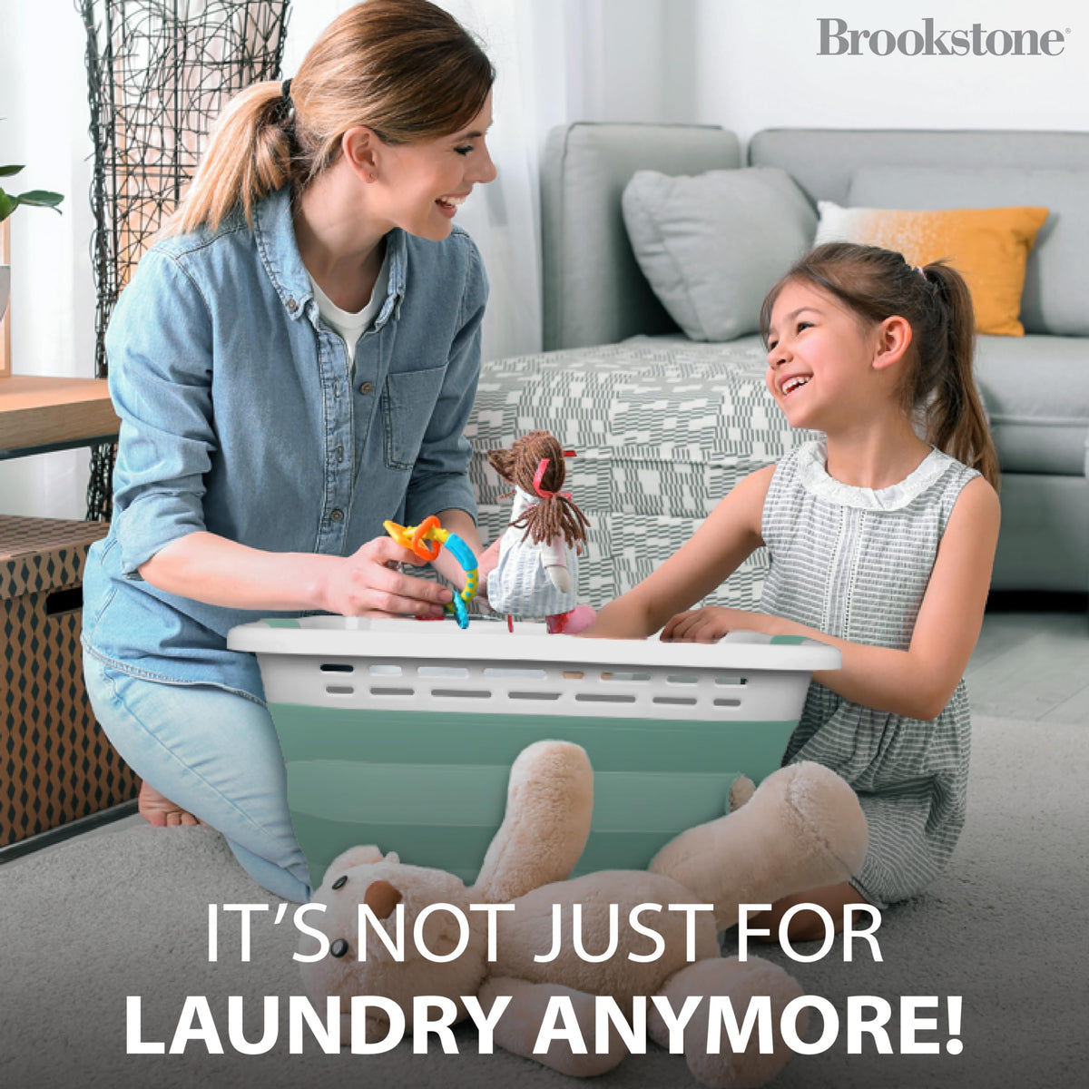 Brookstone dorm-friendly basket ideal for quick laundry loads.