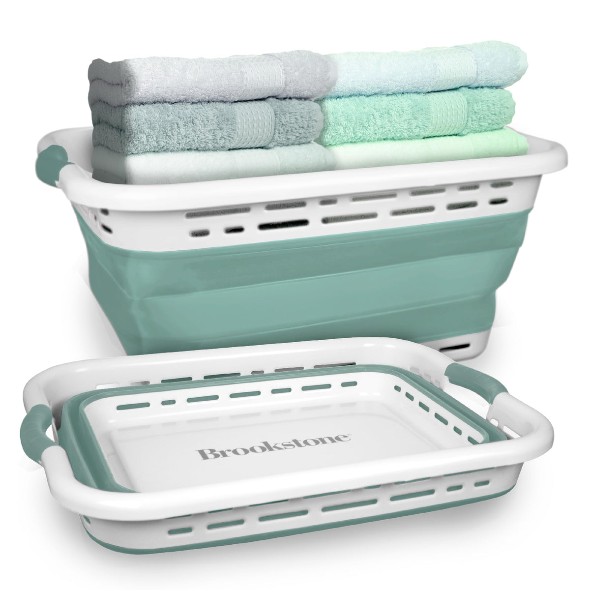 Brookstone foldable laundry basket folded saves space in small apartments.