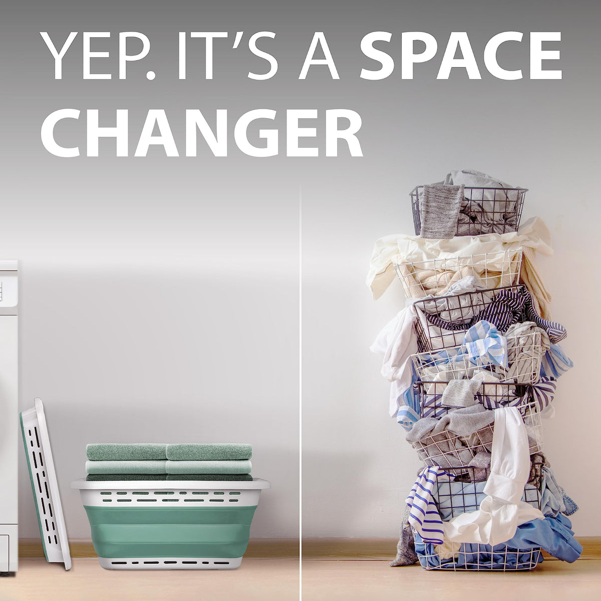 Brookstone space-saving basket fits compact closets and dorm rooms.
