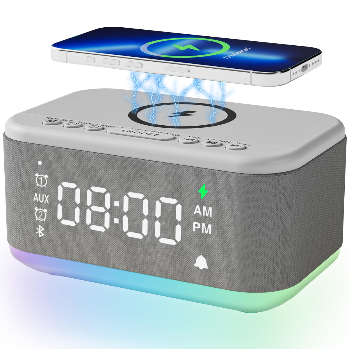 Broserengy Tech alarm clock front view with a sleek bedside display