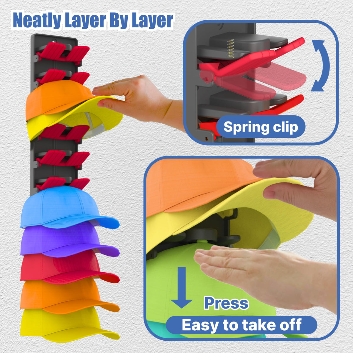 BRUBEQO 20-cap display on wall demonstrates space-saving organization for closets.