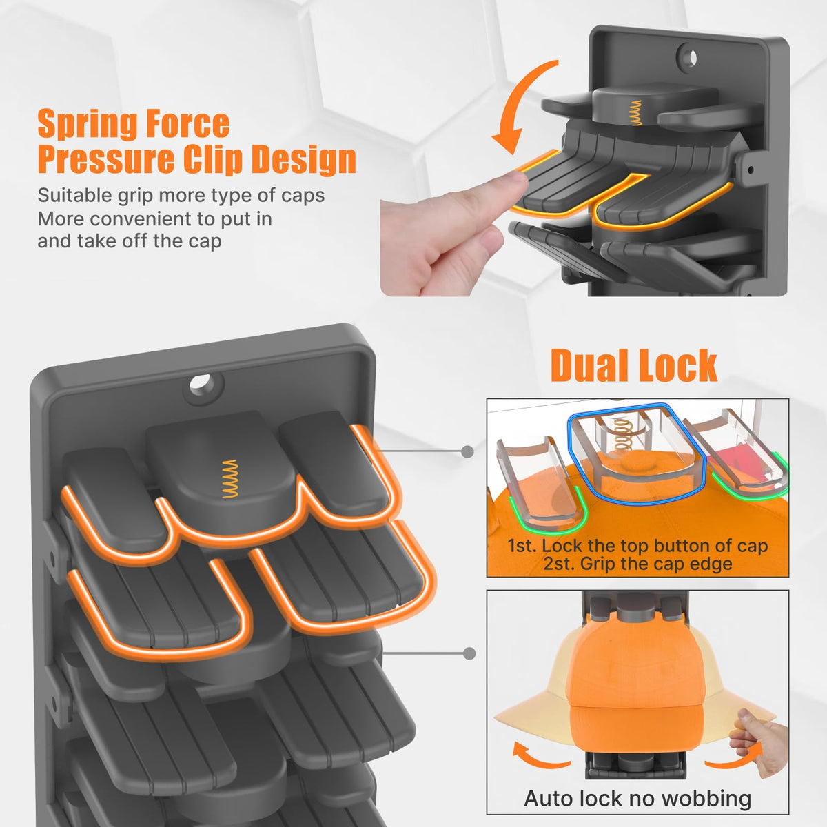 BRUBEQO hat organizer clip mechanism demonstrates easy load and secure brim grip.