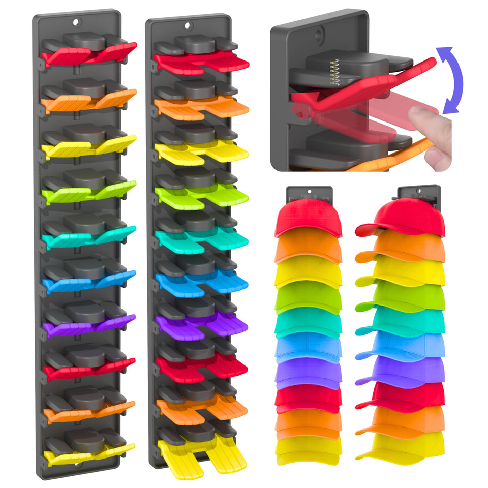 BRUBEQO hat organizer with spring clips secures caps quickly without brim damage.