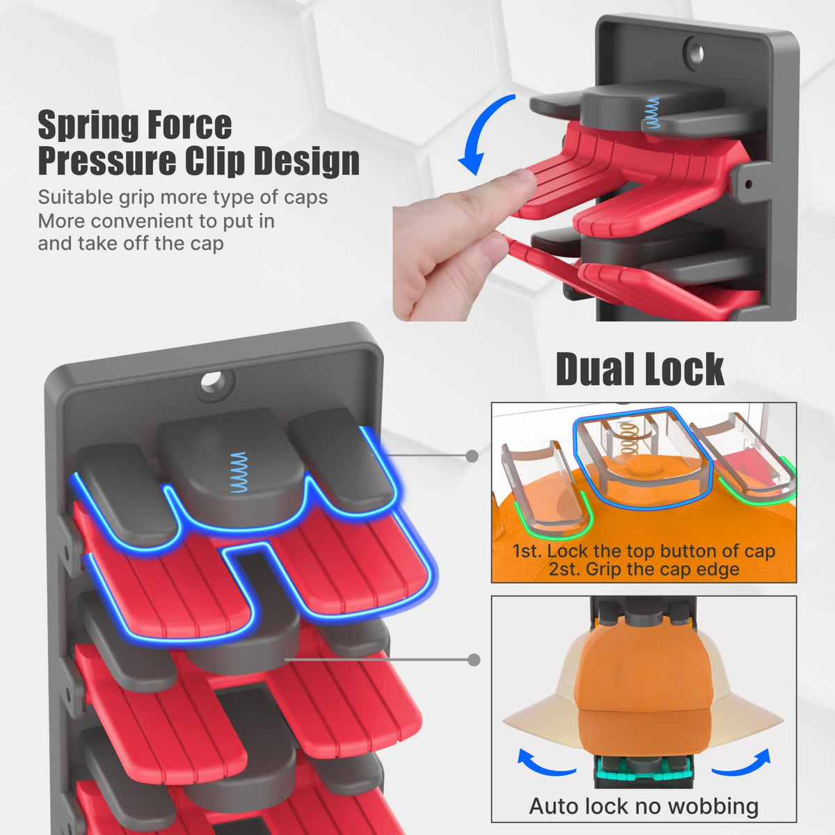 BRUBEQO spring-clip grip closeup protects brims while securing caps.
