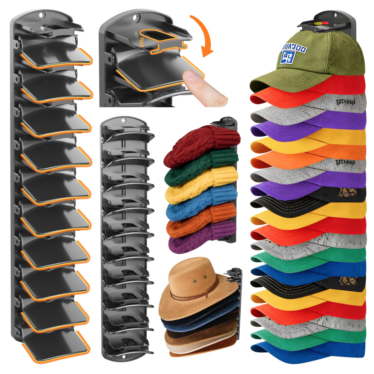 BRUBEQO spring clip hat organizer displaying up to 40 hats on a wall