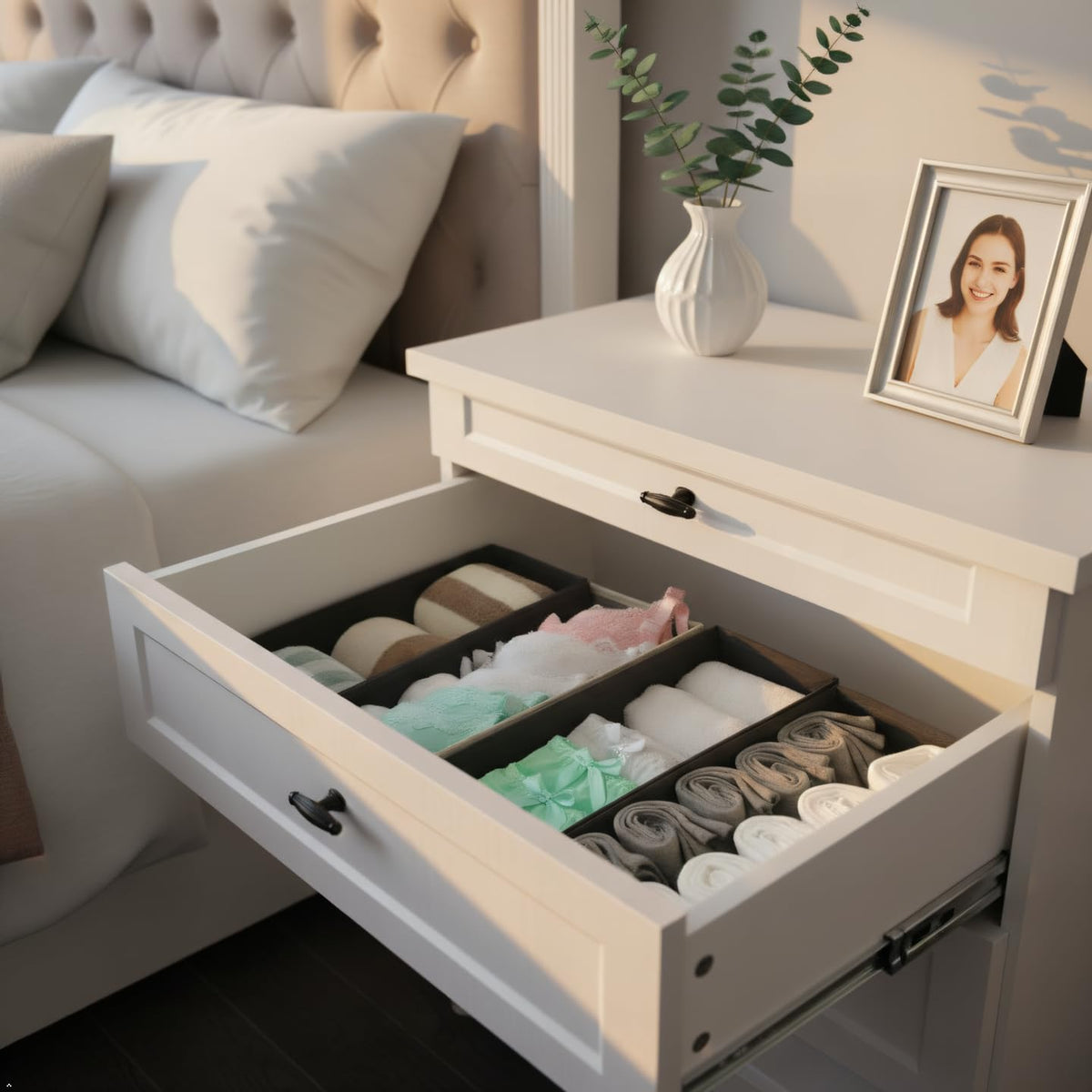 Bructhun sock organizer with six compartments keeps pairs together and reduces mismatches.