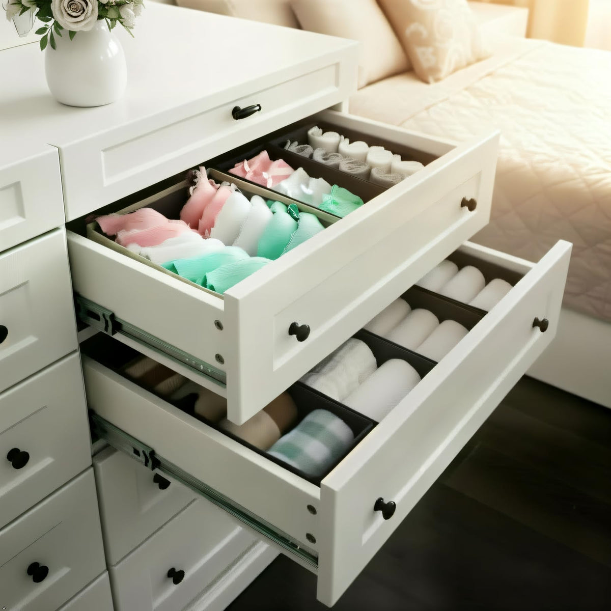 Bructhun drawer organizer fits 11x5.5x4.8 inch drawers for efficient space use.