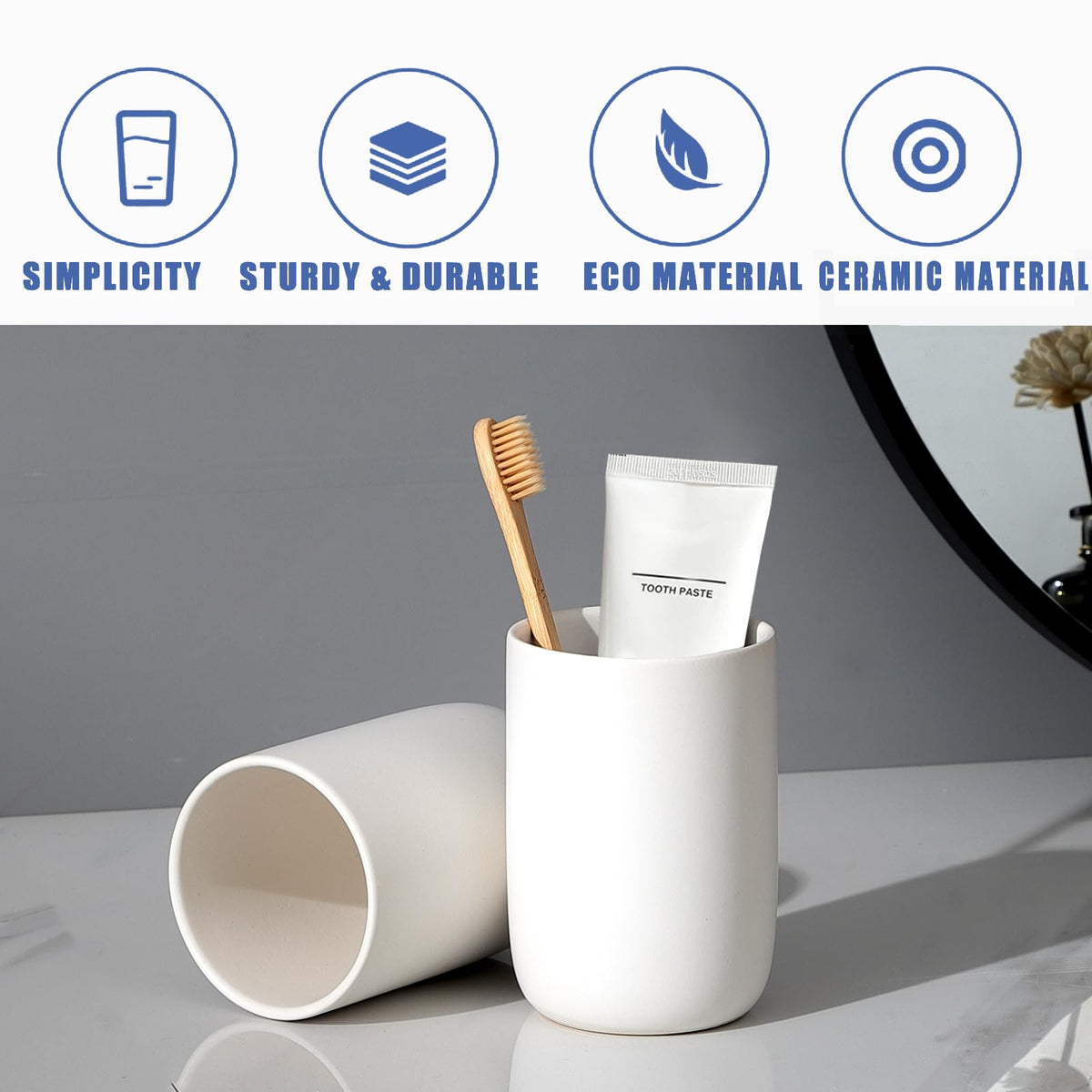 BSDISP ceramic bathroom cups easy to wipe clean under running water.