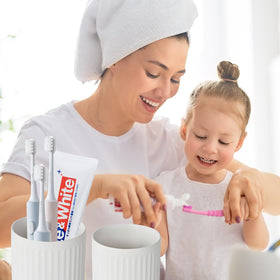BSDISP bathroom tumbler cup set neatly holds brushes and toothpaste.