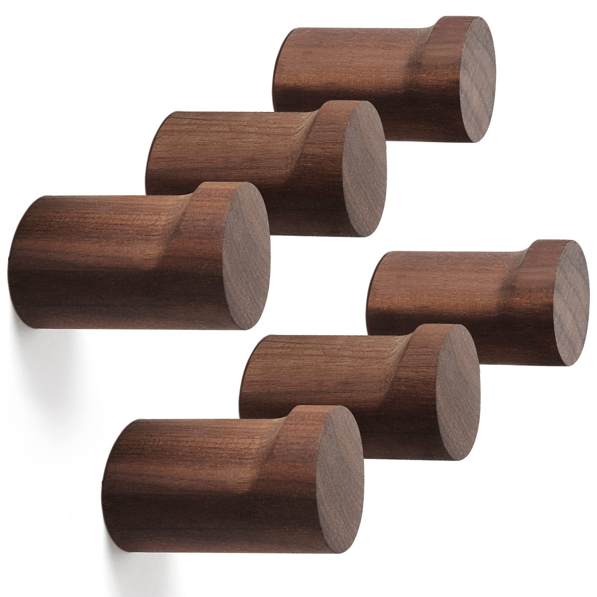 bsdonte wood wall hooks six-pack mounted on wall, showcasing natural walnut grain and organized entryway.