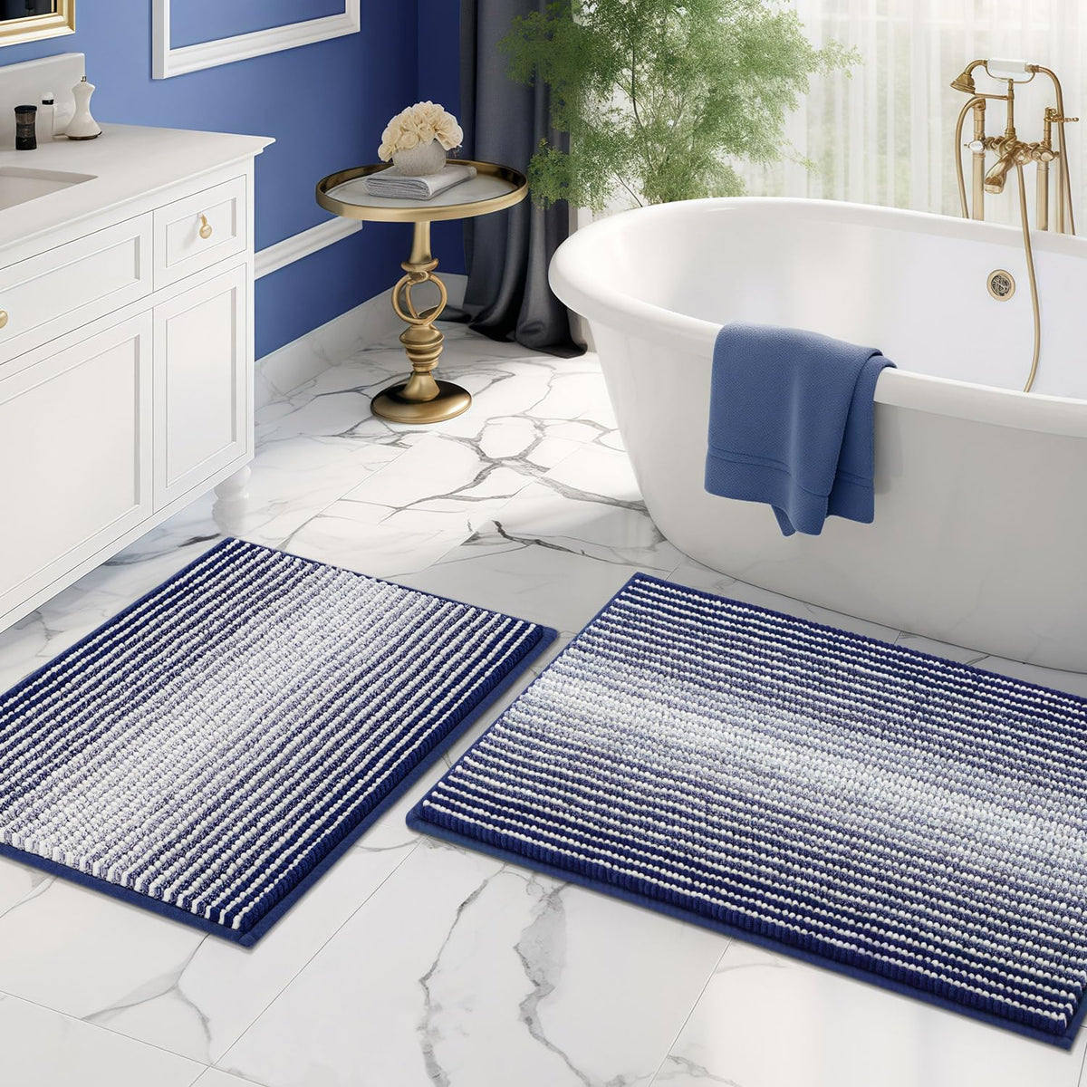 BSICPRO bath mat 20x32 navy close-up with dense plush chenille fibers for warmth