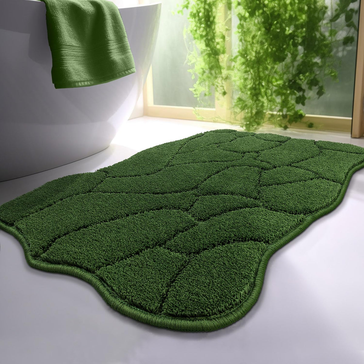 BSICPRO bath mat showing forest green wave design to elevate bathroom decor