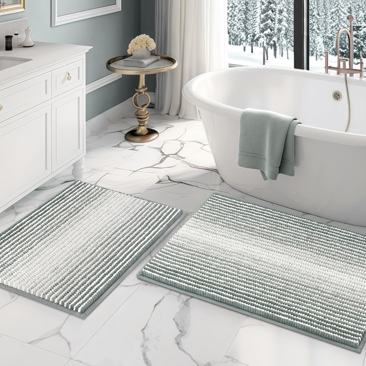 BSICPRO bath mat set 20x32 in light gray with plush absorbent fibers.