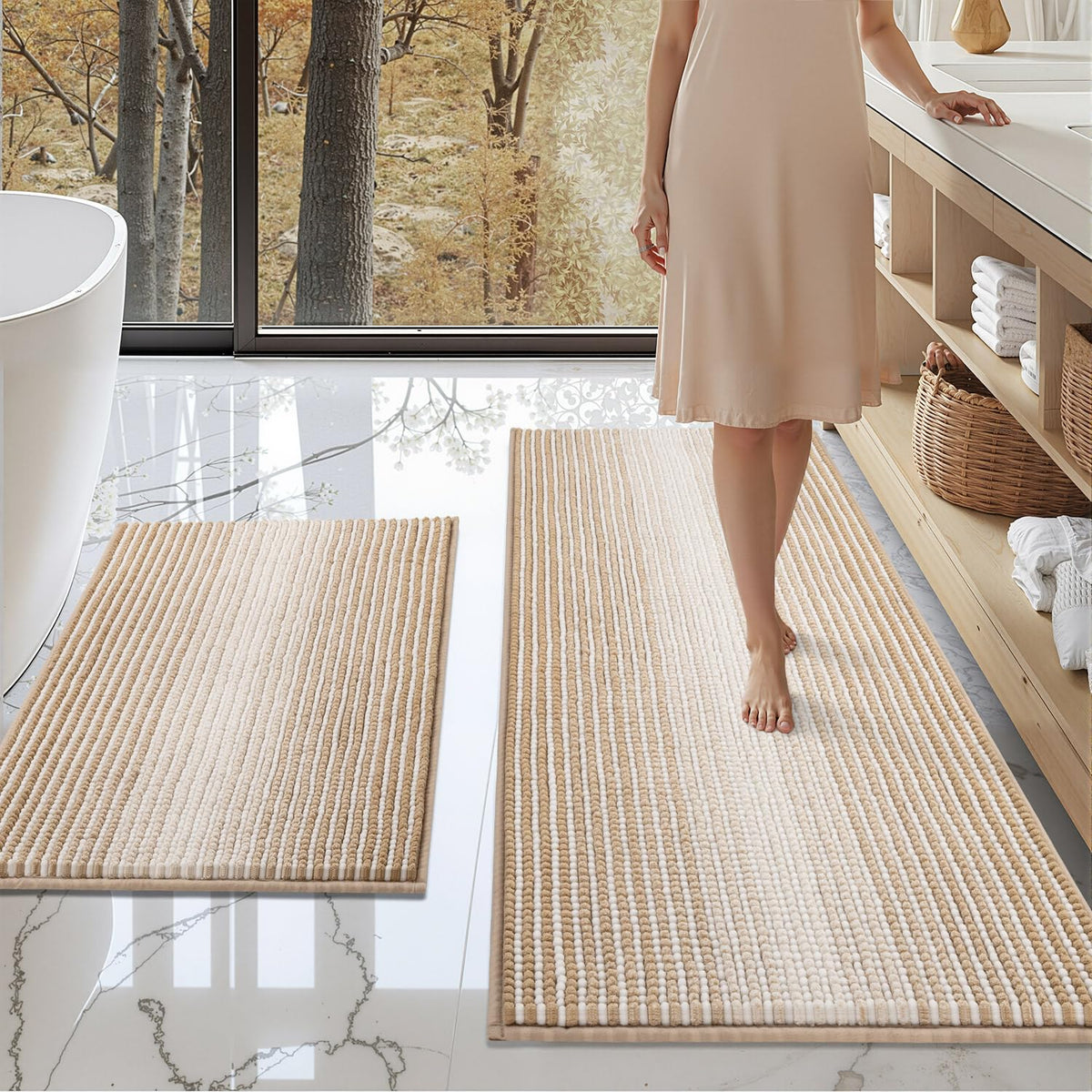 BSICPRO bath rugs 20x47 beige with plush chenille for fast absorption.