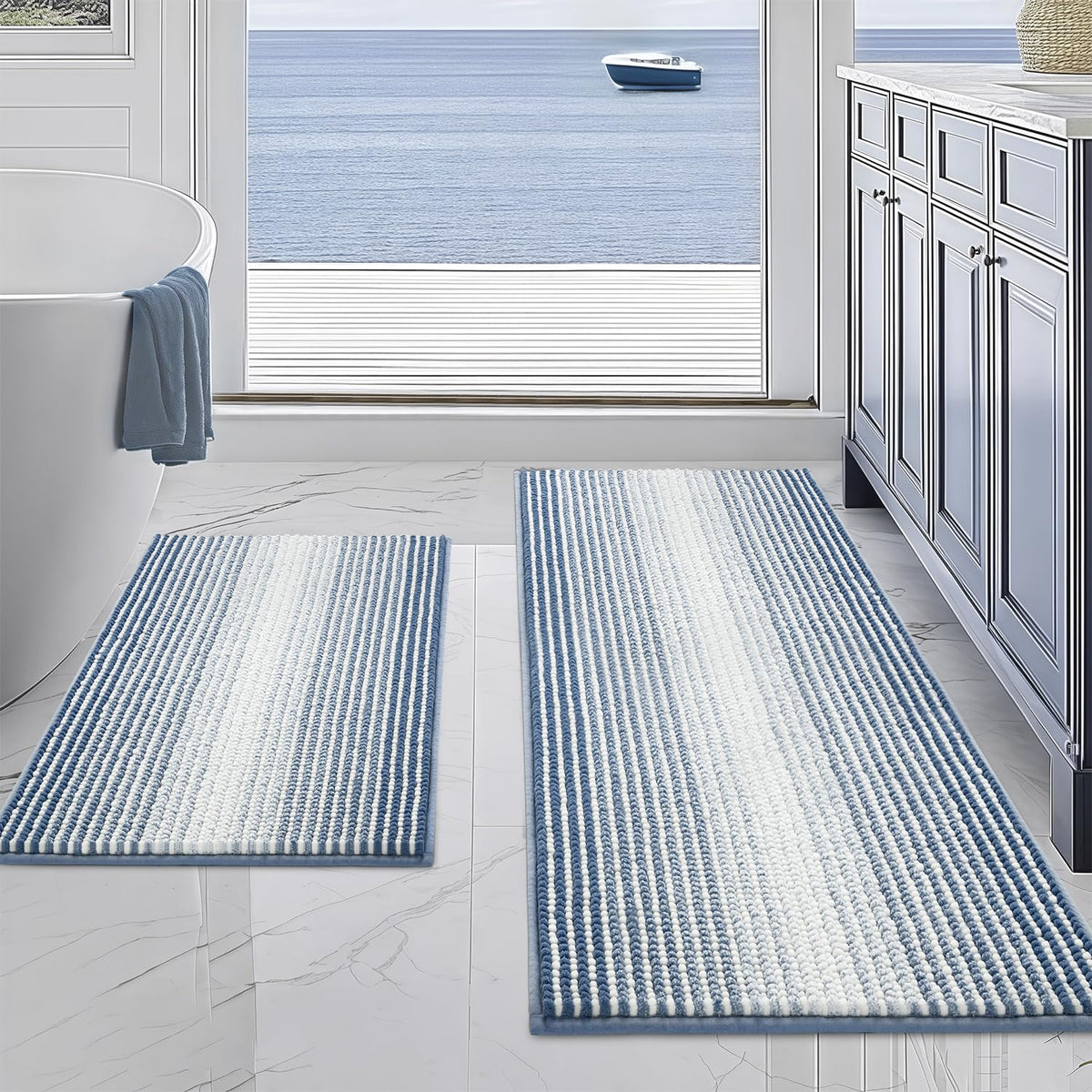 BSICPRO dense plush-chenille bath rug set offers soft comfort after showers.