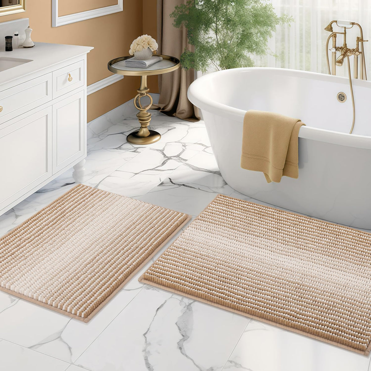 BSICPRO bathmat 20x32 beige plush chenille absorbs moisture quickly for warm feet