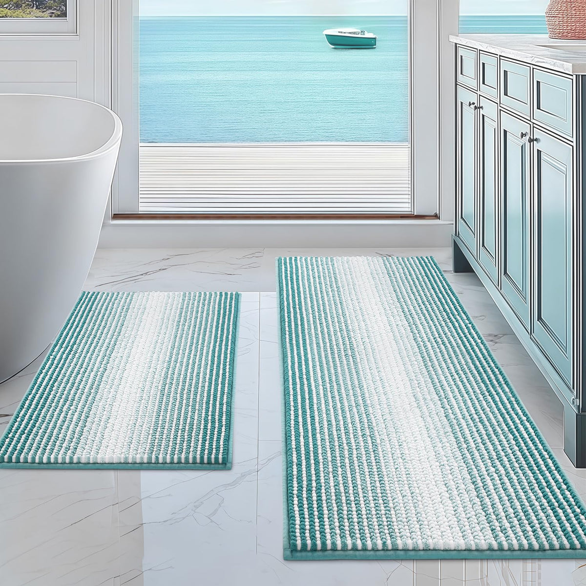 BSICPRO aqua green bath rug set with plush chenille absorbs moisture quickly.