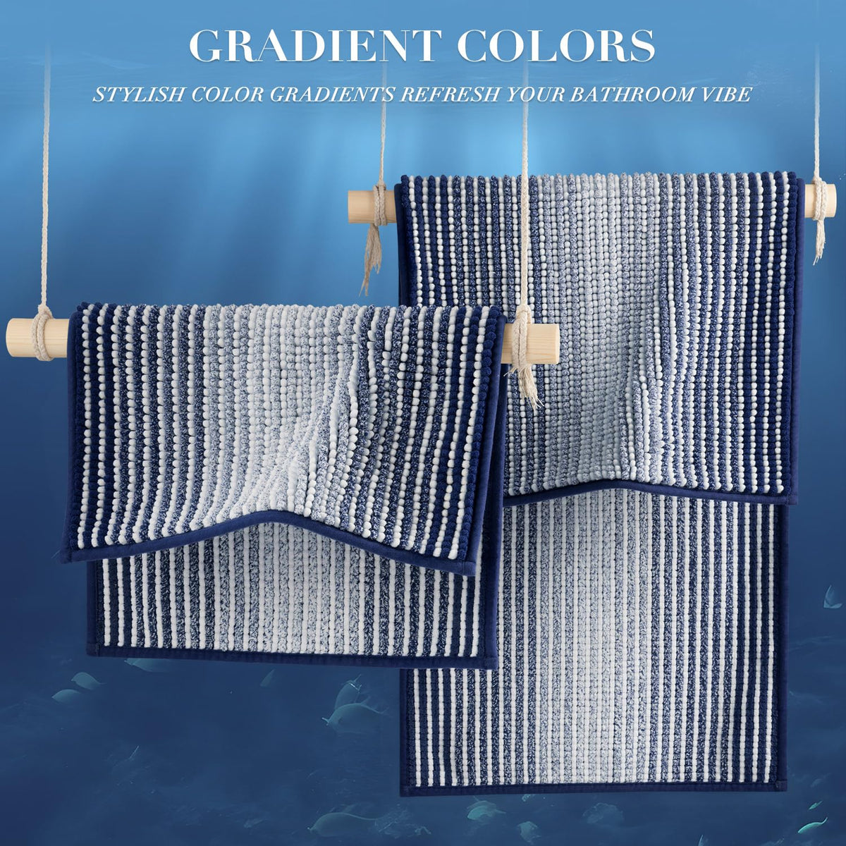 BSICPRO gradient design navy bath rug coordinates with various styles.