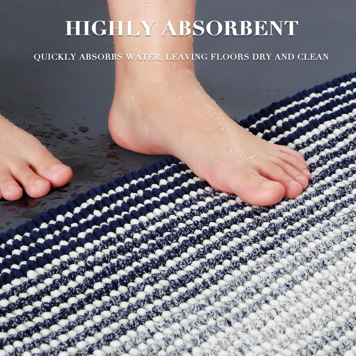 BSICPRO machine washable navy bath rug, easy to clean and revive colors.