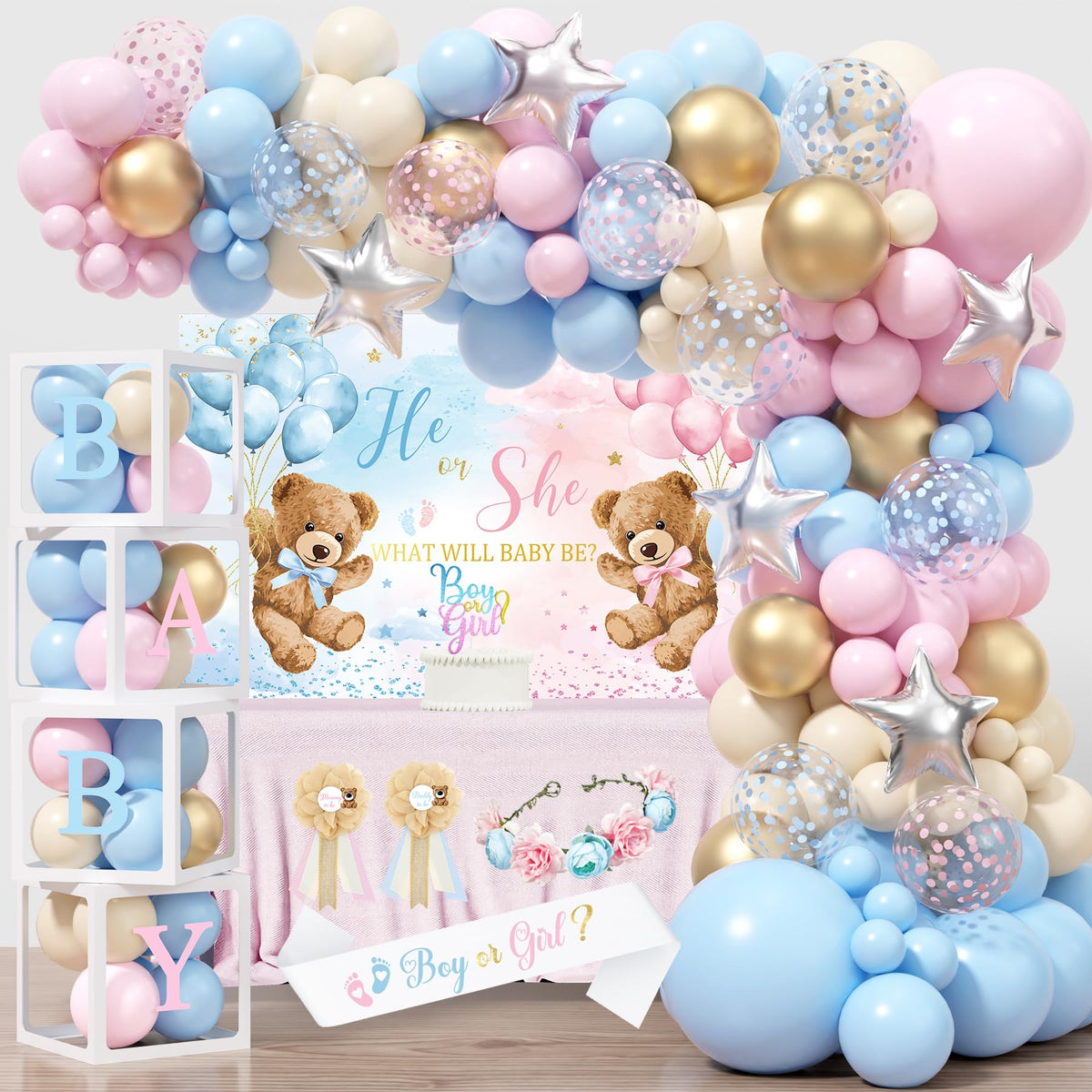 BSMIEFUS bear gender reveal backdrop for a charming photoshoot and memorable party centerpiece.