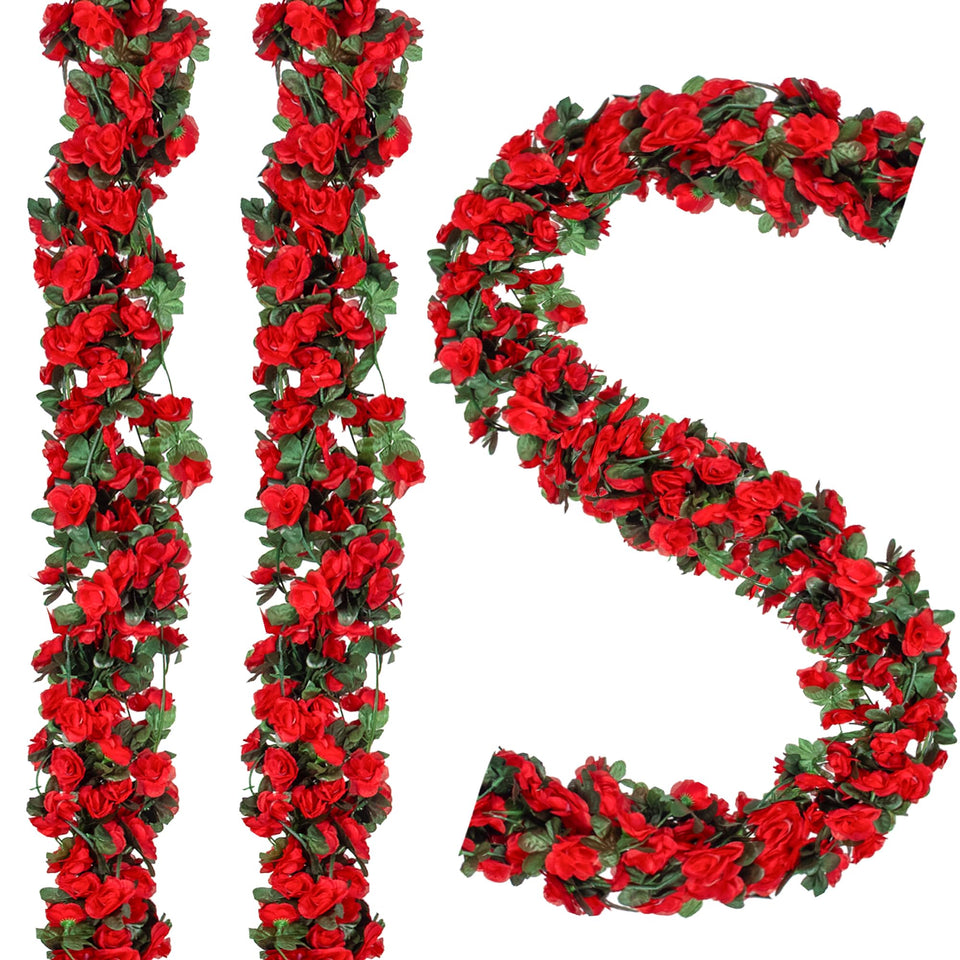 BSMYBO artificial red rose garland close-up for elegant backdrops.