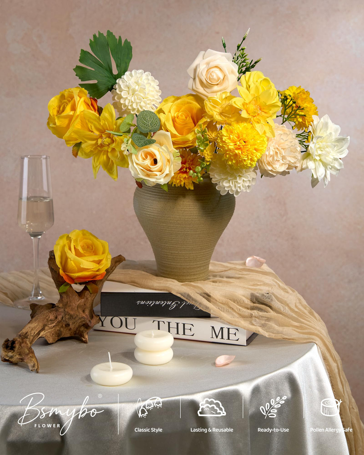 BSMYBO baby shower decor with bright silk flowers in a vase.