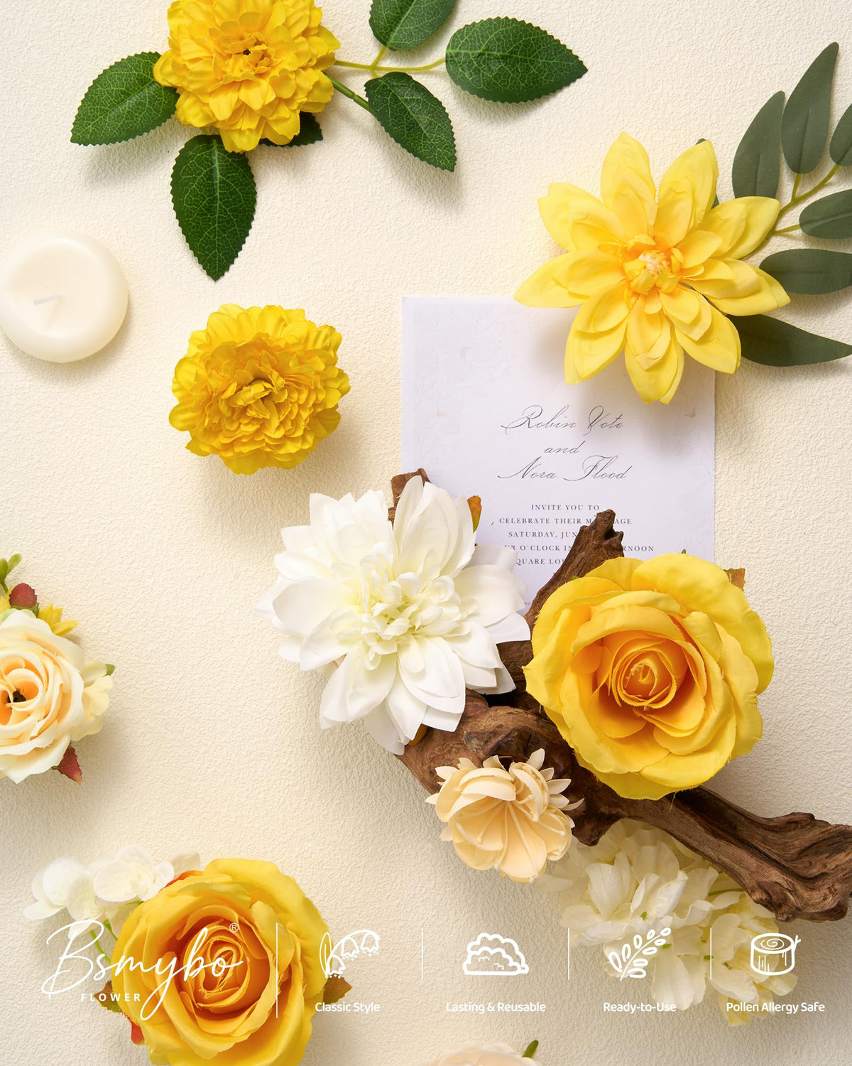 BSMYBO reusable yellow silk florals for seasonal decorating and keepsakes.