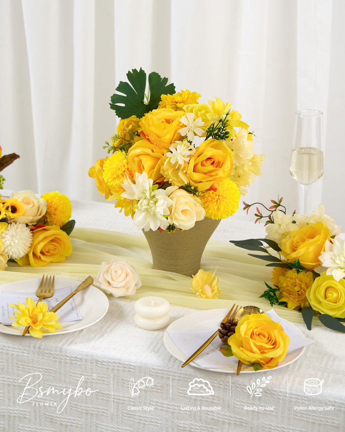 BSMYBO cake topper ideas using yellow silk florals for festive display.