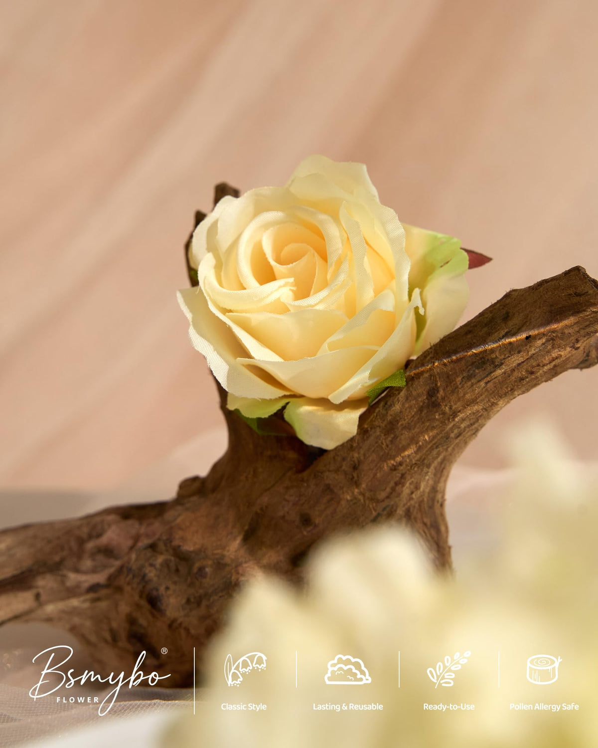 BSMYBO silk flower close-up shows realistic petals and vibrant color.