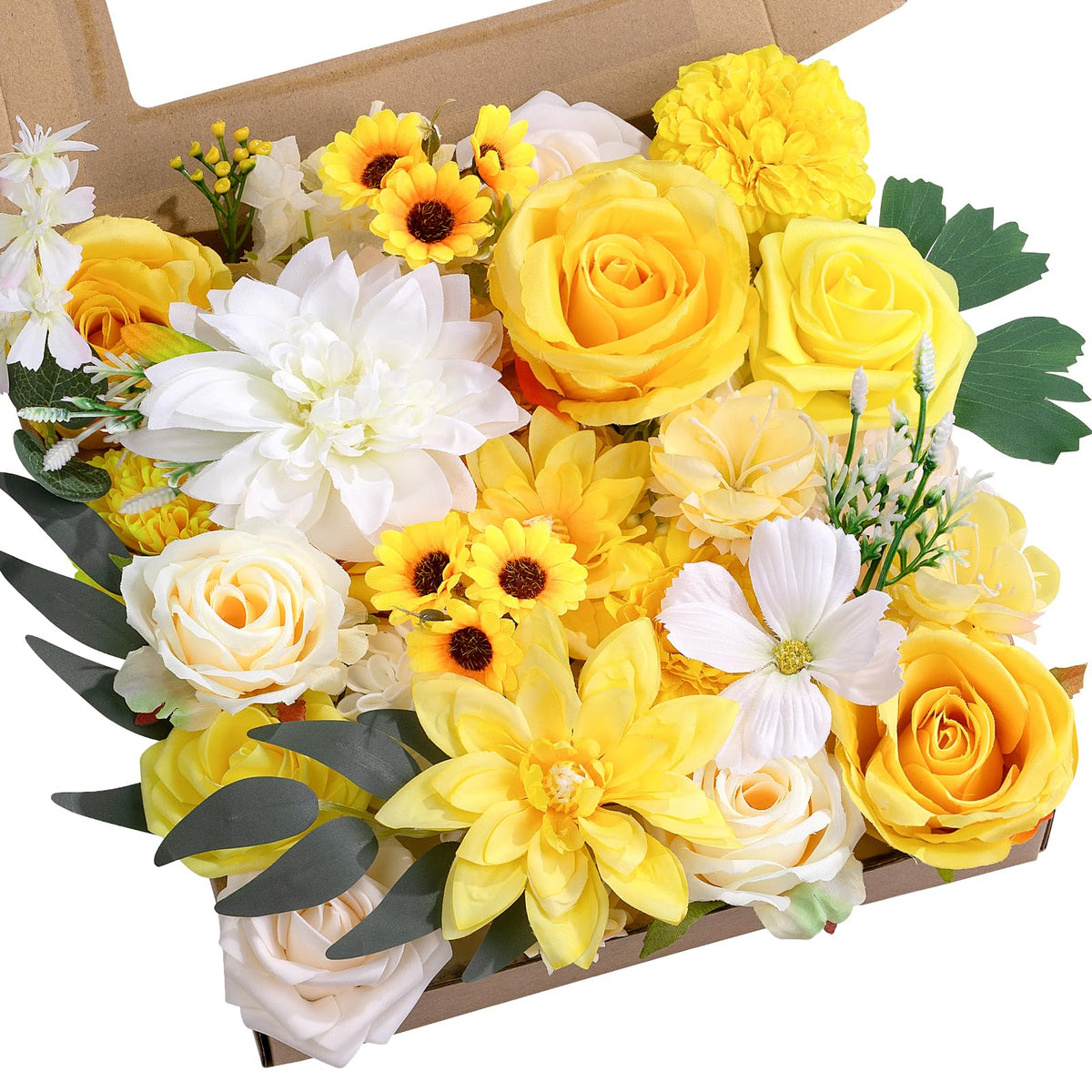 BSMYBO yellow silk bouquet with roses and dahlias for lasting wedding decor.