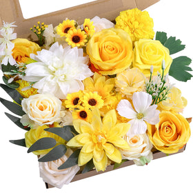 BSMYBO yellow silk bouquet with roses and dahlias for lasting wedding decor.