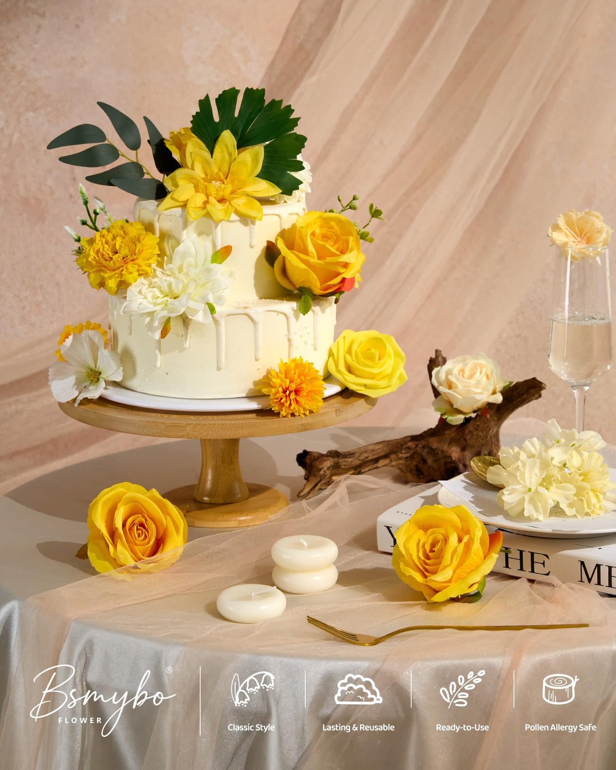 BSMYBO wedding arch arrangement with yellow blooms for romantic backdrop.