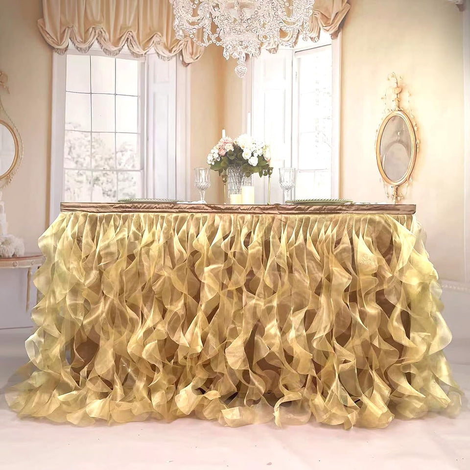 BTF Home gold 6ft organza table skirt draping adds elegant wedding ambiance