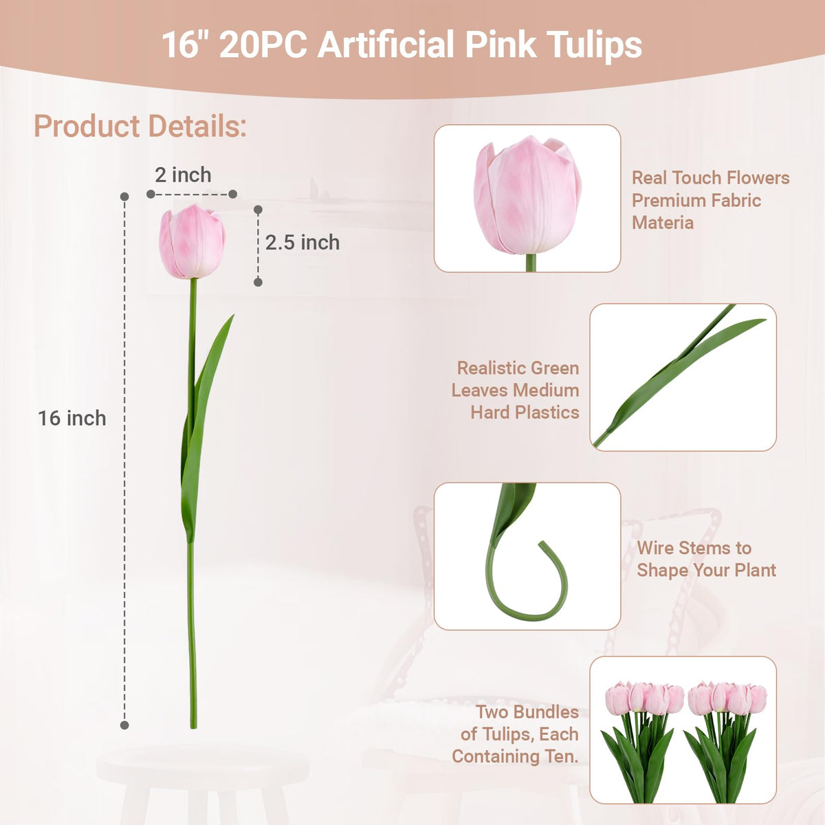 BTHM DSGN real-touch pink tulips, 20 stems, easy-to-bend centerpieces