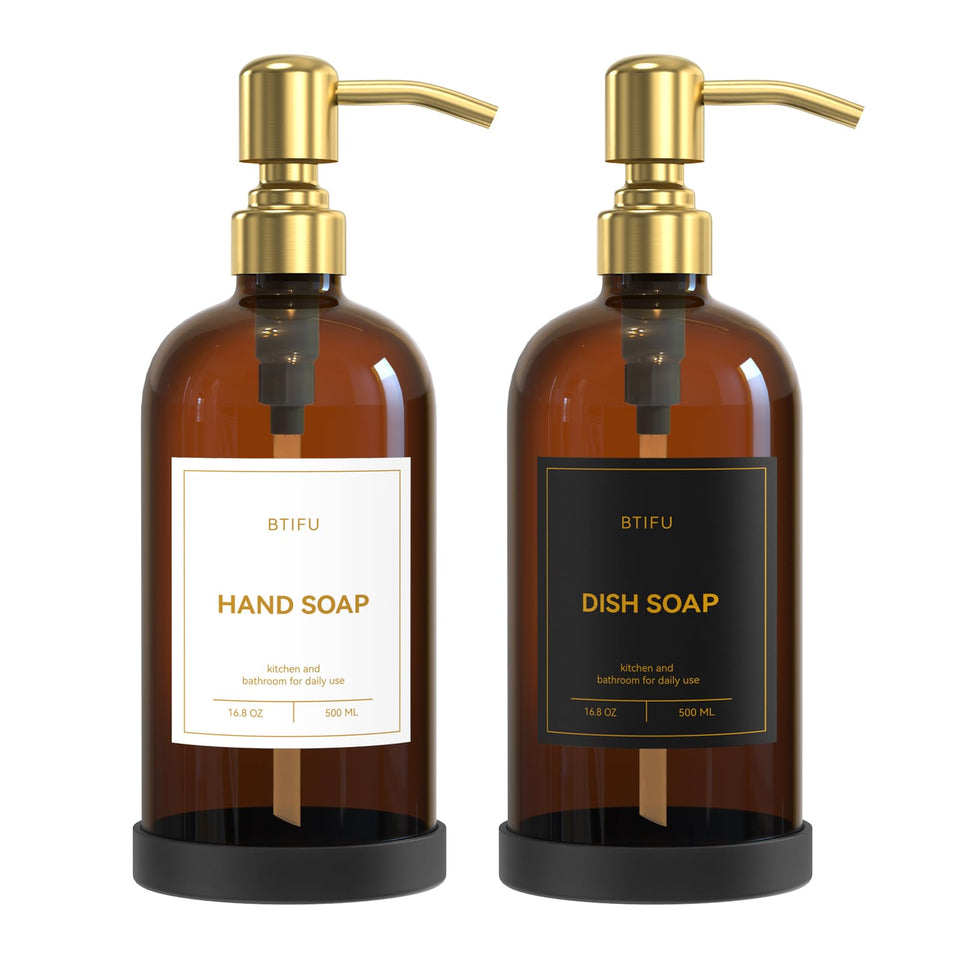 BTIFU amber glass soap dispenser with pump for a stylish kitchen setup