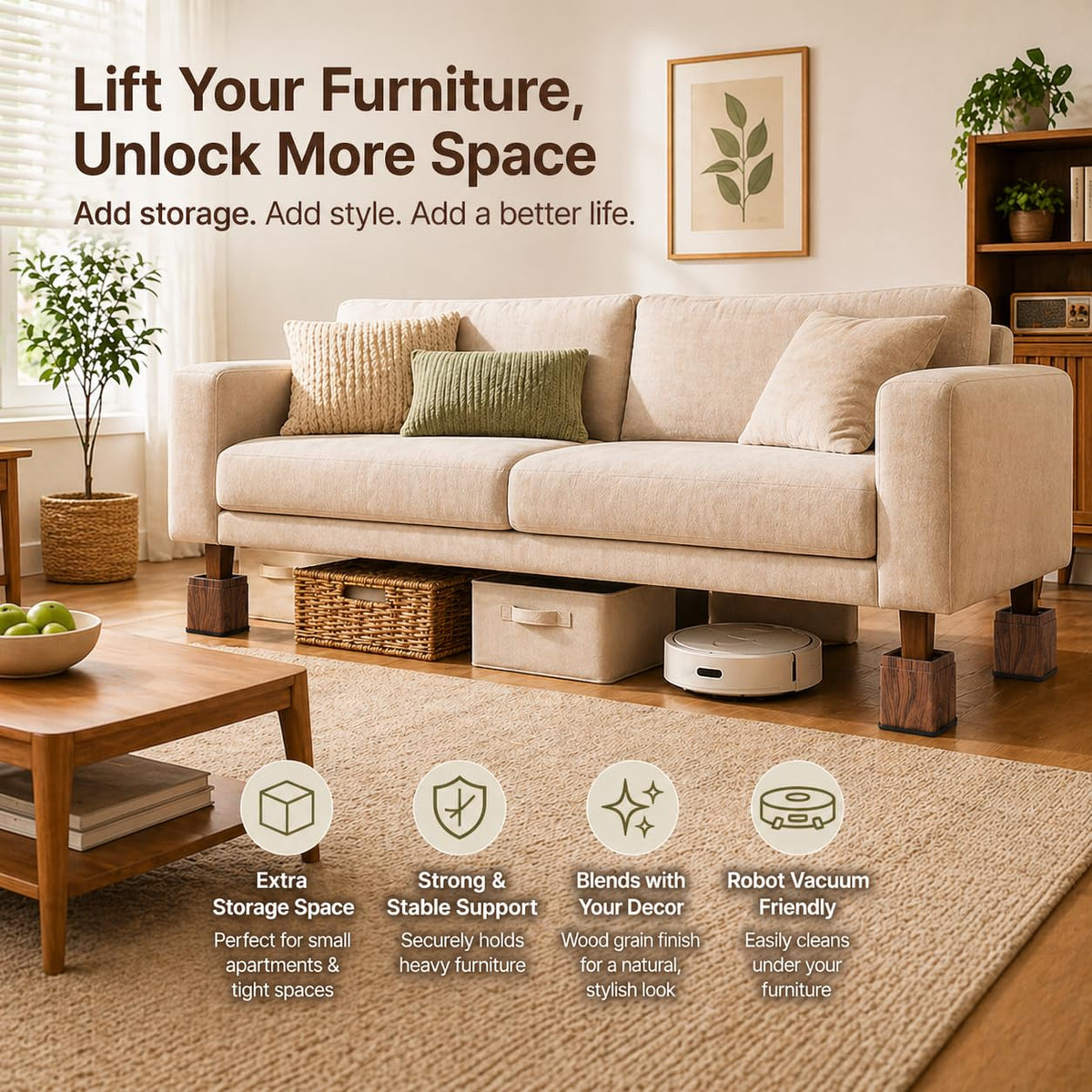 BTSD-home bed risers stacked to 6 inches, providing extra clearance for cleaning.