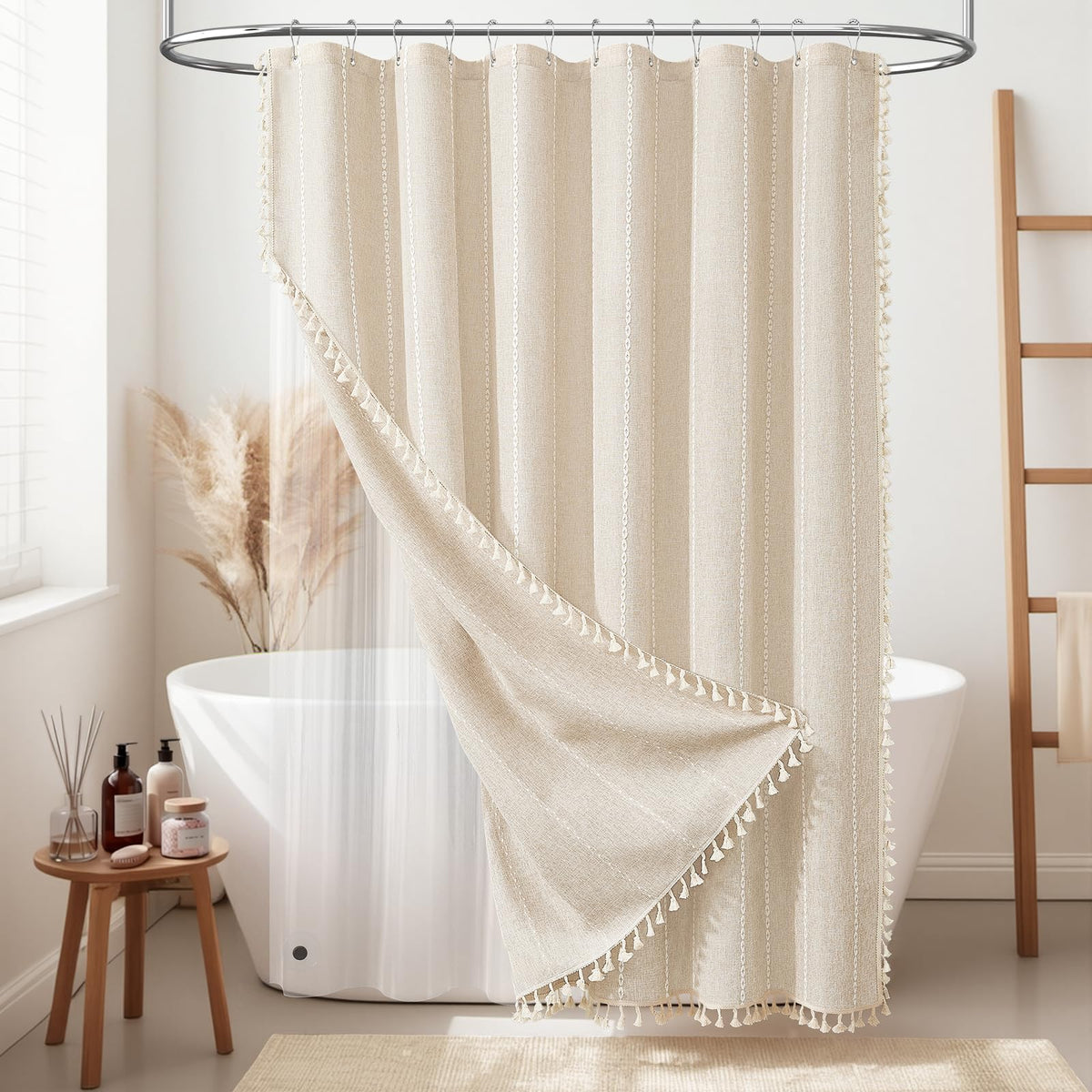 BTTN 3-in-1 shower curtain cream boho linen texture enhances bathroom decor
