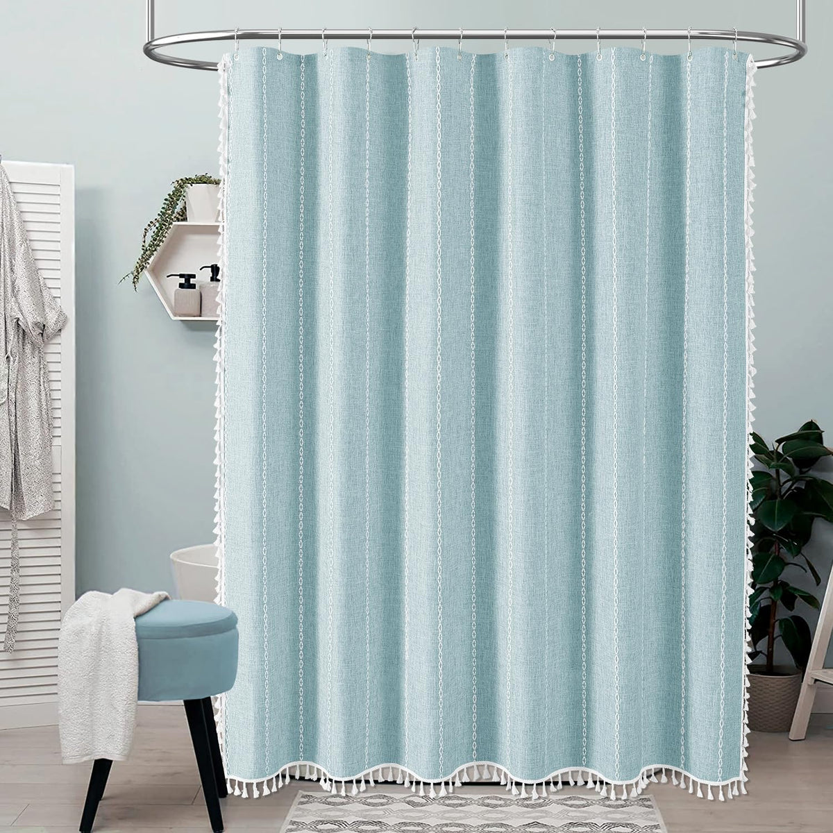 BTTN shower curtain features a 3D embroidery stripe for elevated bath aesthetics.