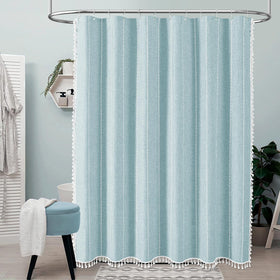 BTTN shower curtain features a 3D embroidery stripe for elevated bath aesthetics.