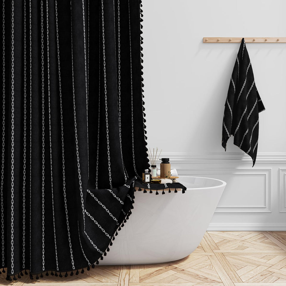 BTTN boho farmhouse shower curtain with tassels enhances decor and style.