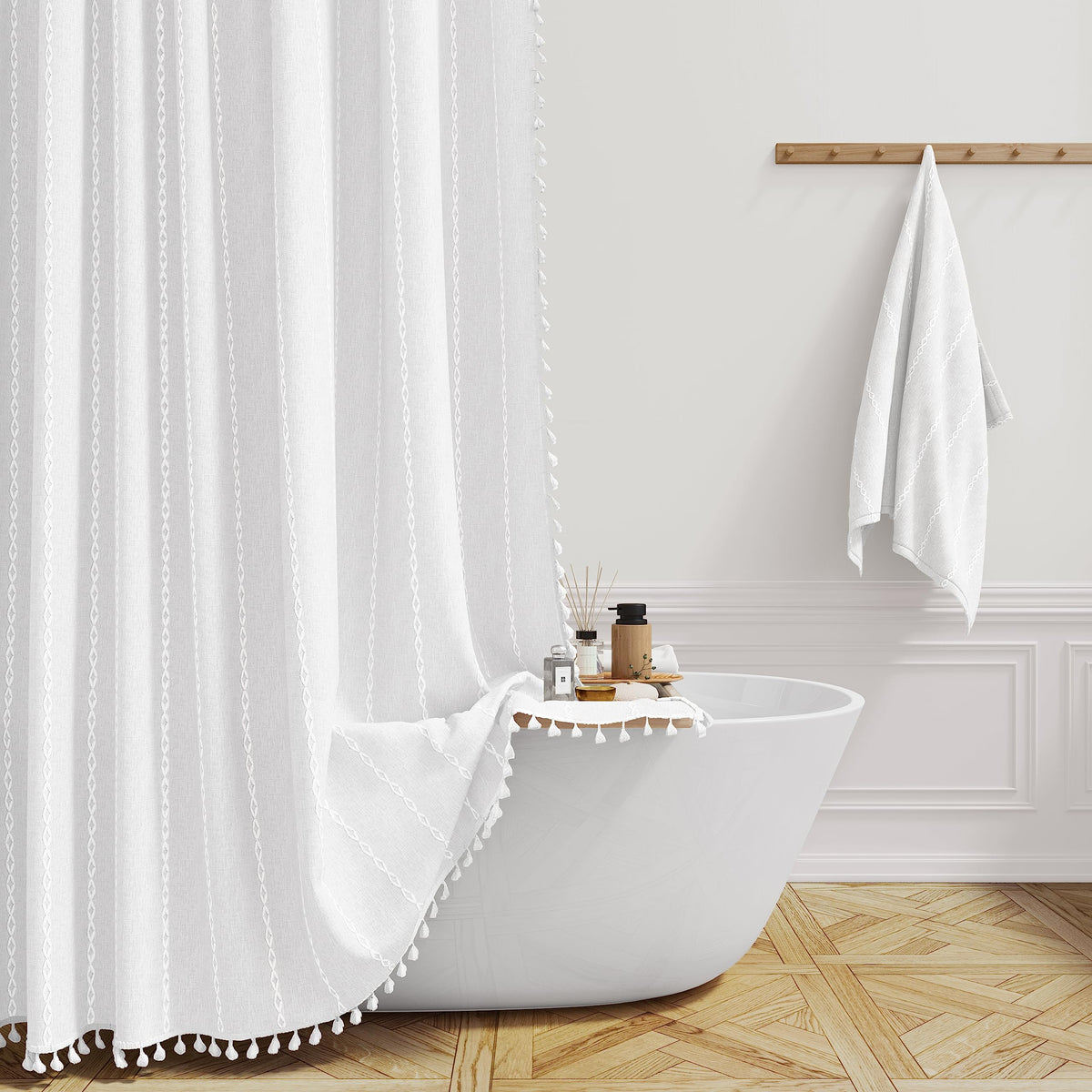 BTTN extra long shower curtain with tassels enhances boho farmhouse bathroom decor.