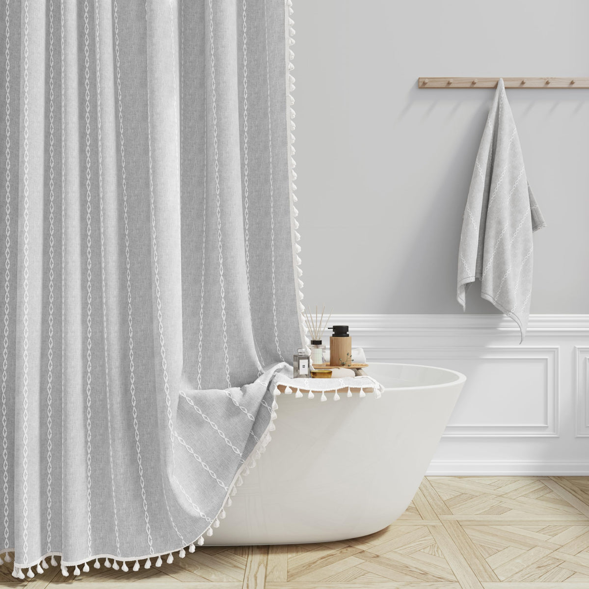 BTTN gray boho farmhouse shower curtain with tassel detail for chic privacy.