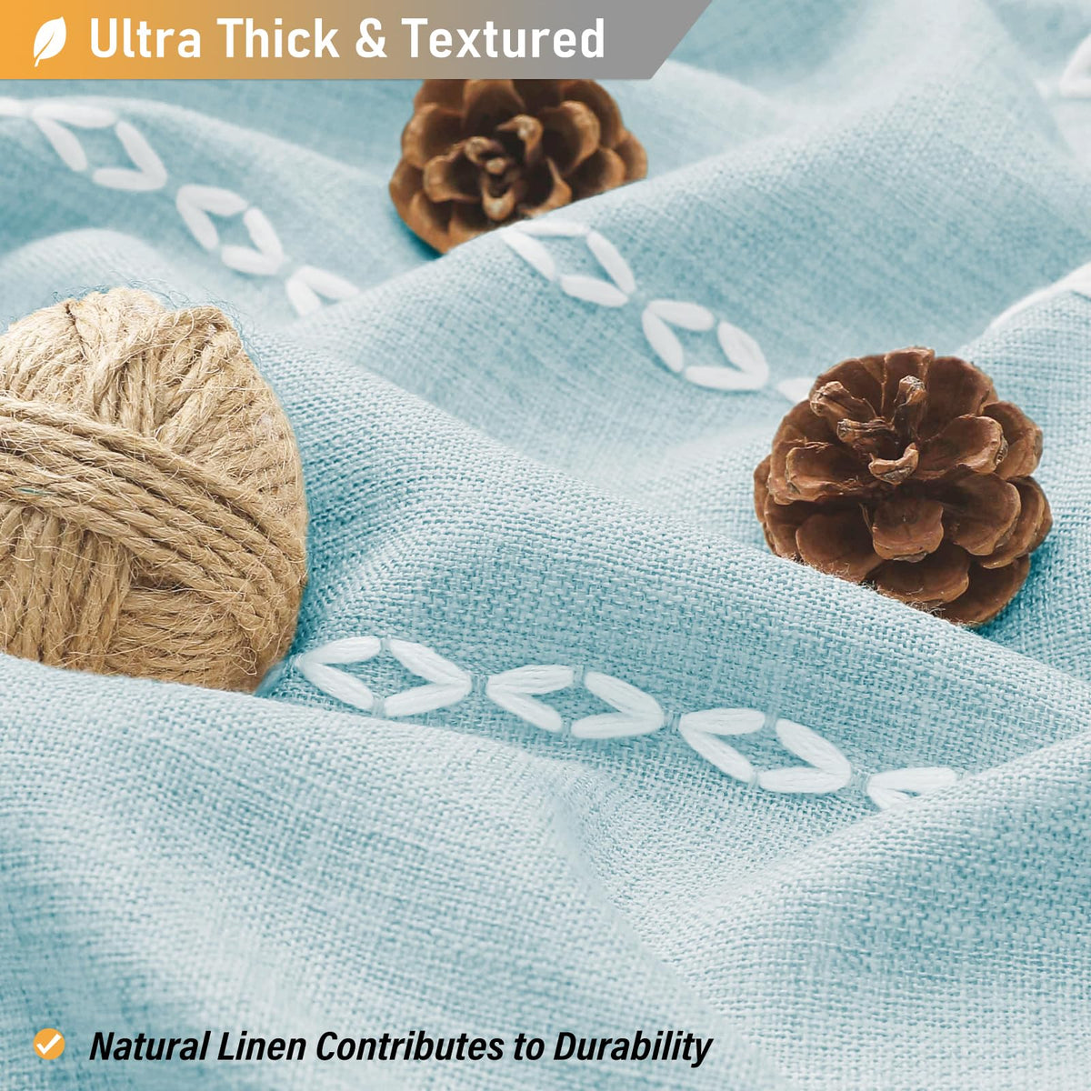 BTTN linen-blend curtain fabric feels thick and soft for a luxurious shower.